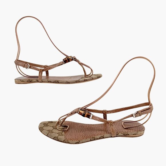 Gucci Bamboo GG Flat Thong Sandals Size 36 US 6 Beige Monogram Canvas Flop Flop - Picture 7 of 13